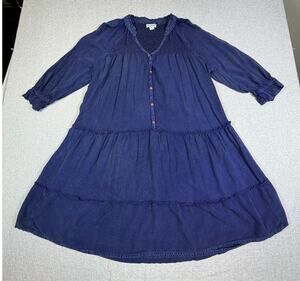 Sundance Women Petite Medium Blue Chambray Button Knee Length Elbow Sleeve Dress